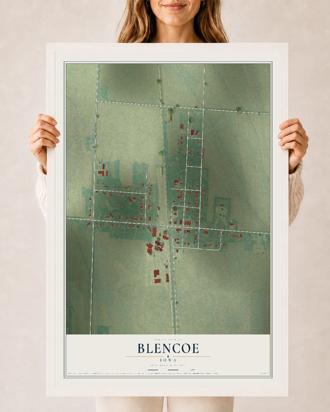 Map of Blencoe, Iowa, 24 x 36 inch print in a white wood frame