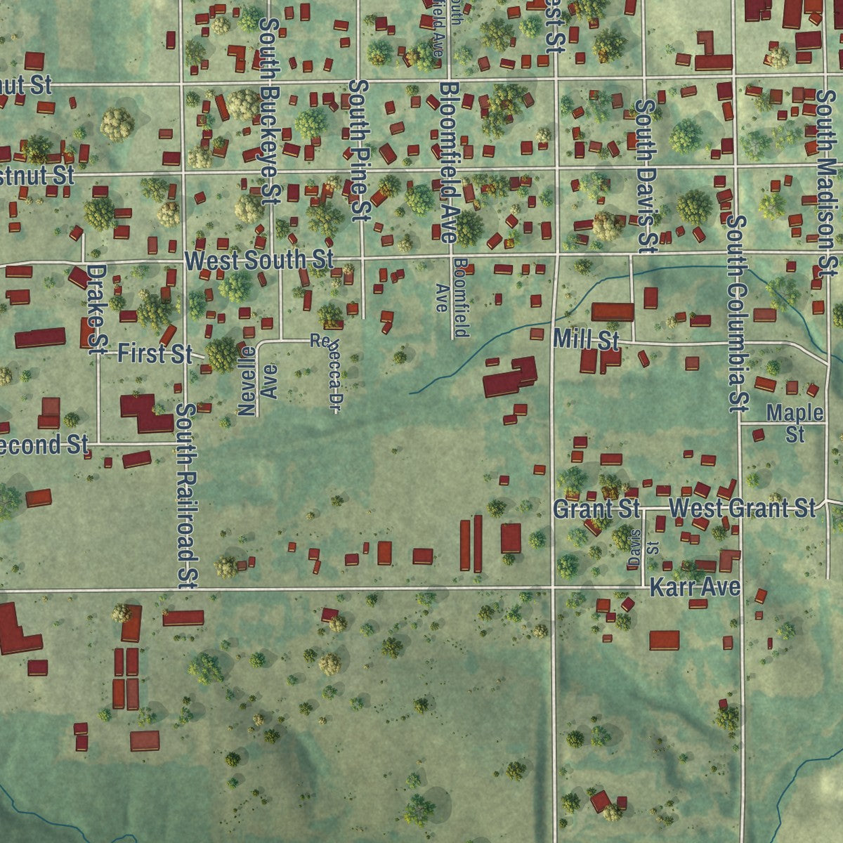 Second close-up of the map of Bloomfield, Iowa print showing more streets and buildings