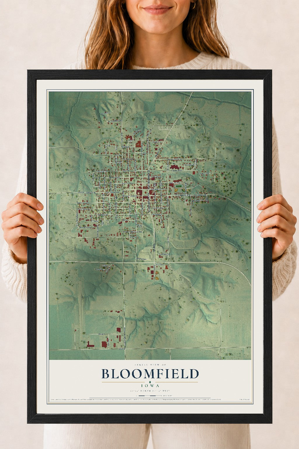 Map of Bloomfield, Iowa, 18 x 24 inch print in a black wood frame
