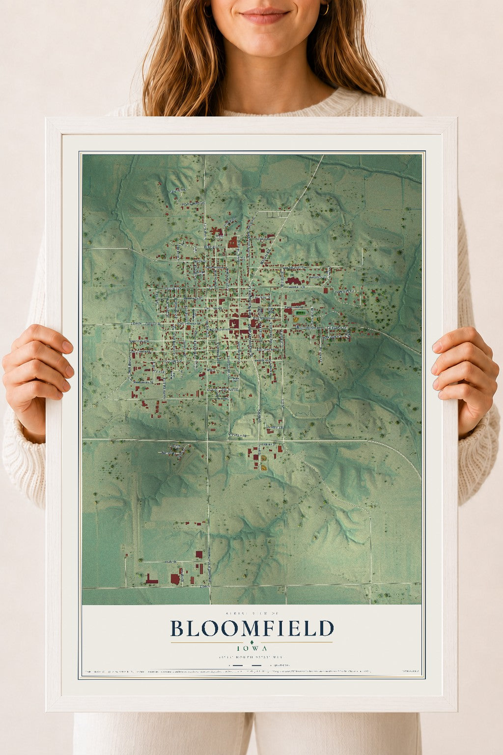 Map of Bloomfield, Iowa, 18 x 24 inch print in a white wood frame