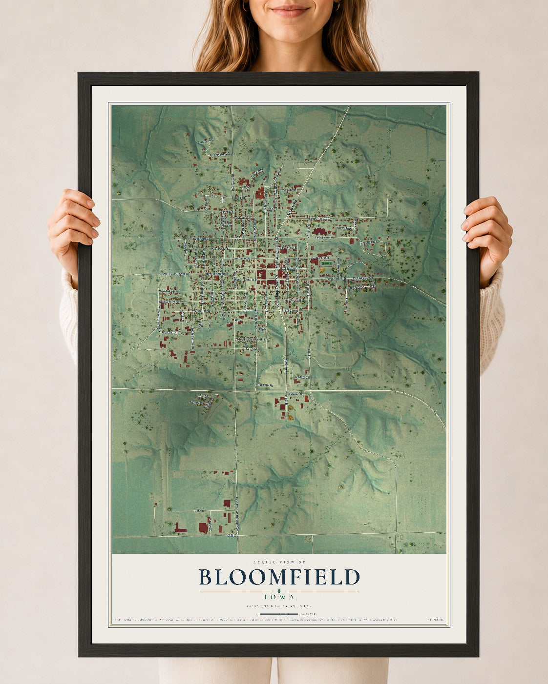 Map of Bloomfield, Iowa, 24 x 36 inch print in a black wood frame