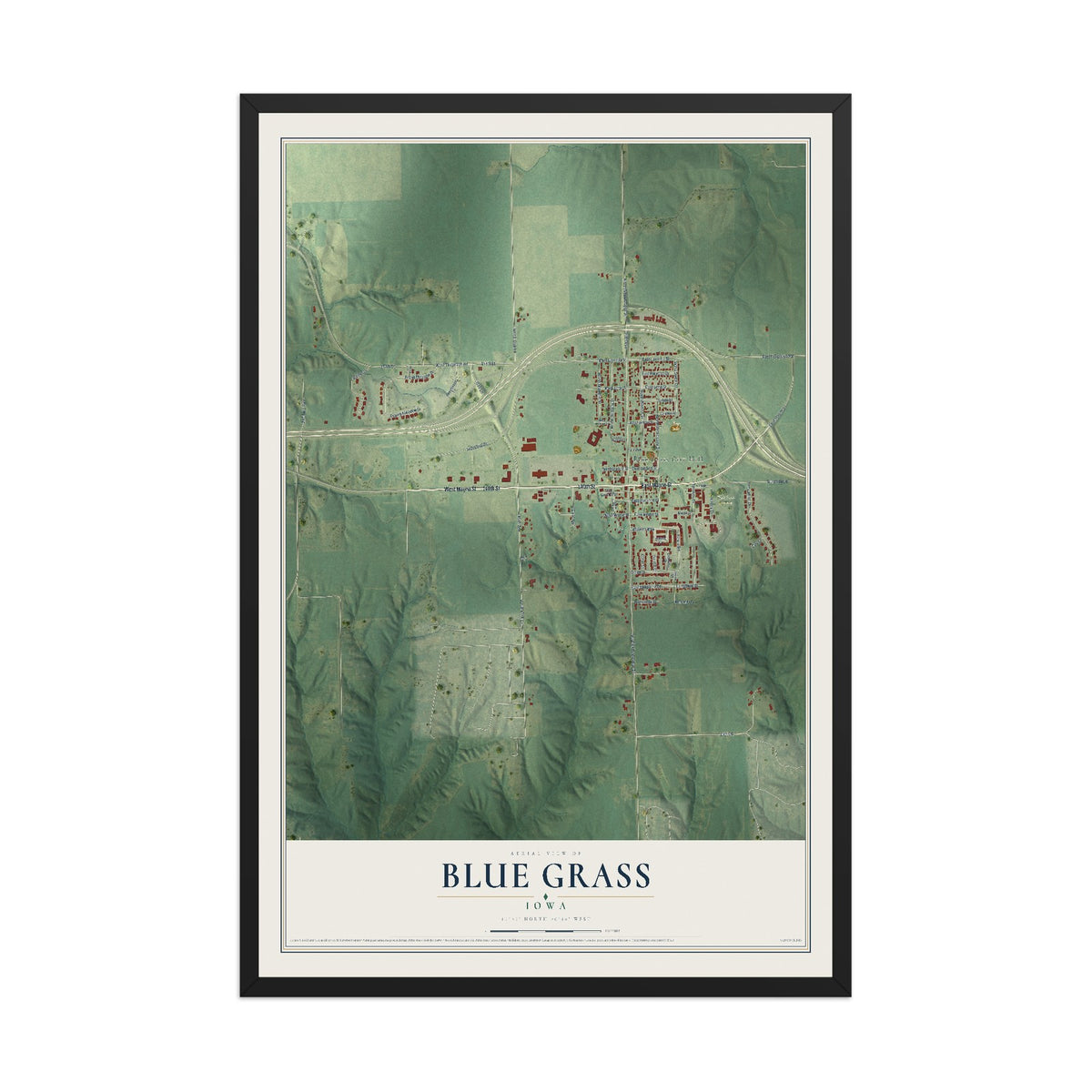 Map of Blue Grass, Iowa, 12 x 18 inch print in a black wood frame