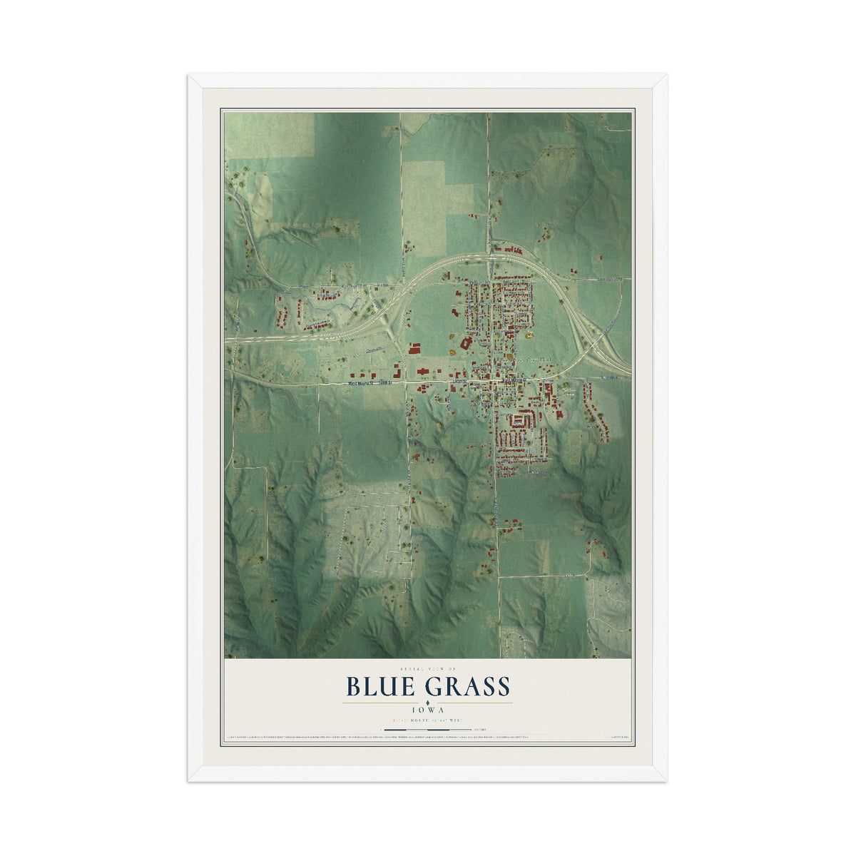 Map of Blue Grass, Iowa, 12 x 18 inch print in a white wood frame