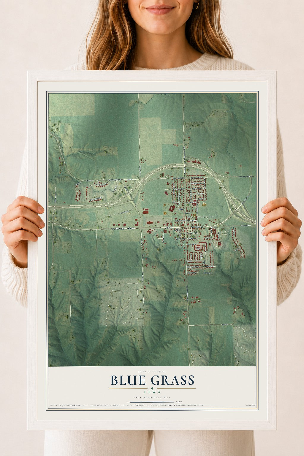 Map of Blue Grass, Iowa, 18 x 24 inch print in a white wood frame