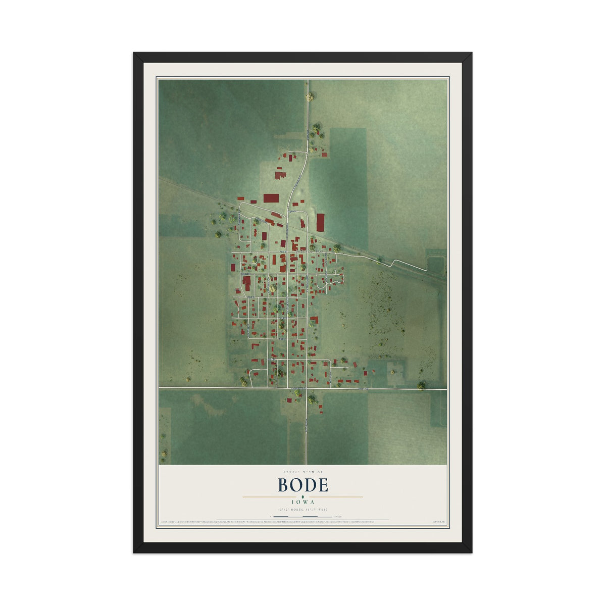 Map of Bode, Iowa, 12 x 18 inch print in a black wood frame