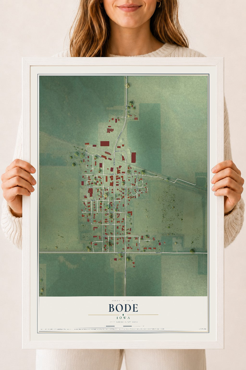 Map of Bode, Iowa, 18 x 24 inch print in a white wood frame