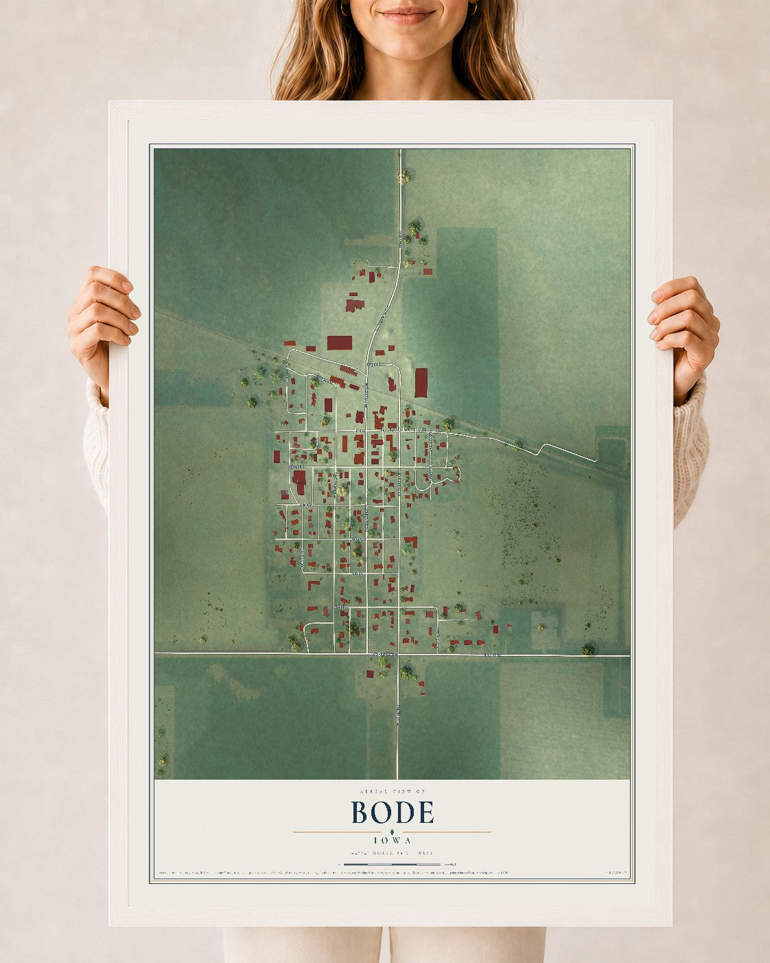 Map of Bode, Iowa, 24 x 36 inch print in a white wood frame
