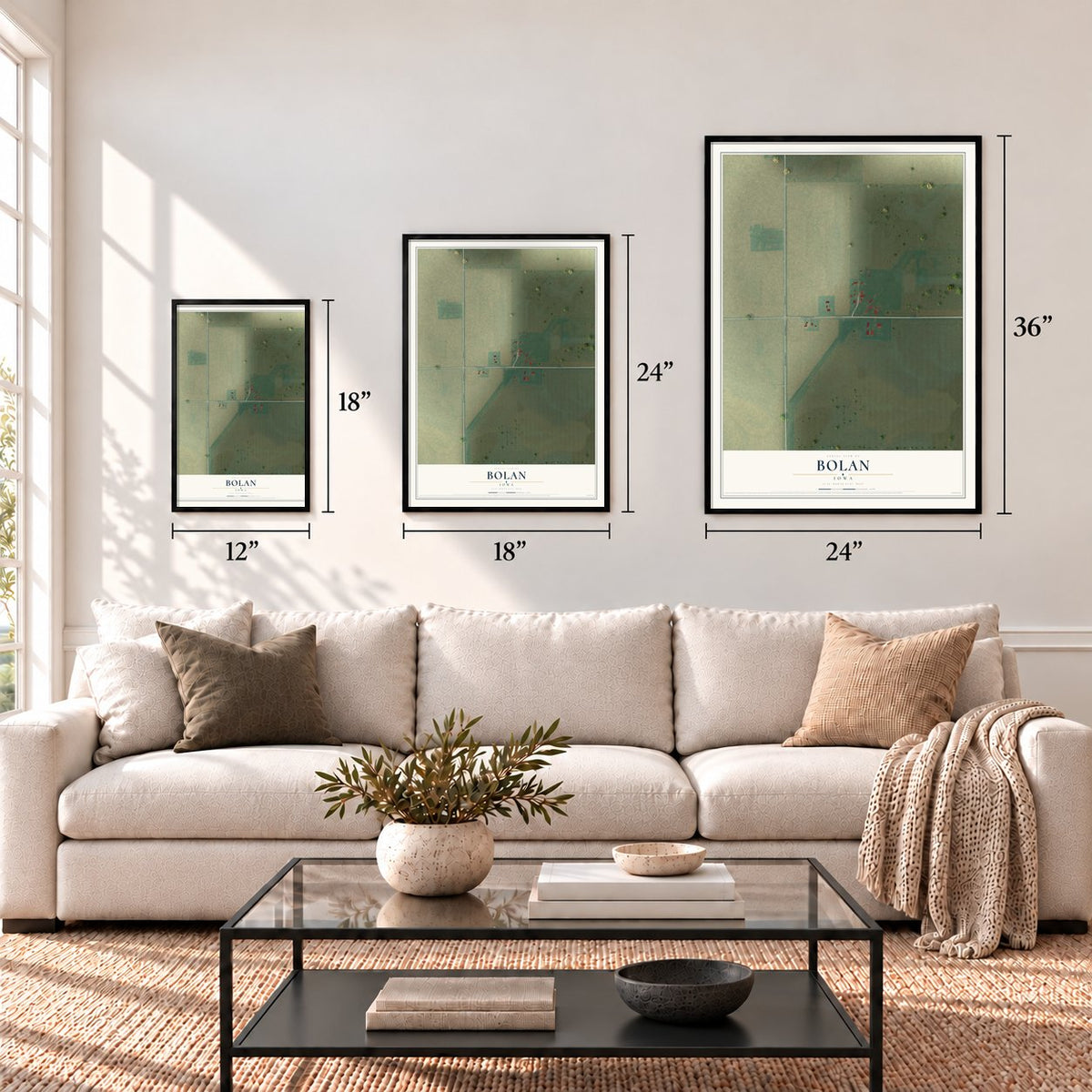 Bolan, Iowa map in 12 x 18, 18 x 24 and 24 x 36 inch sizes above a sofa