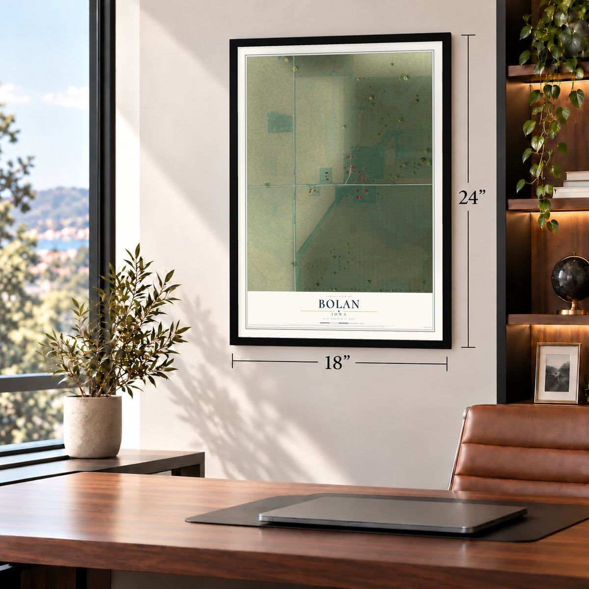 Bolan, Iowa map, 18 x 24 inch print in a black frame in a home office