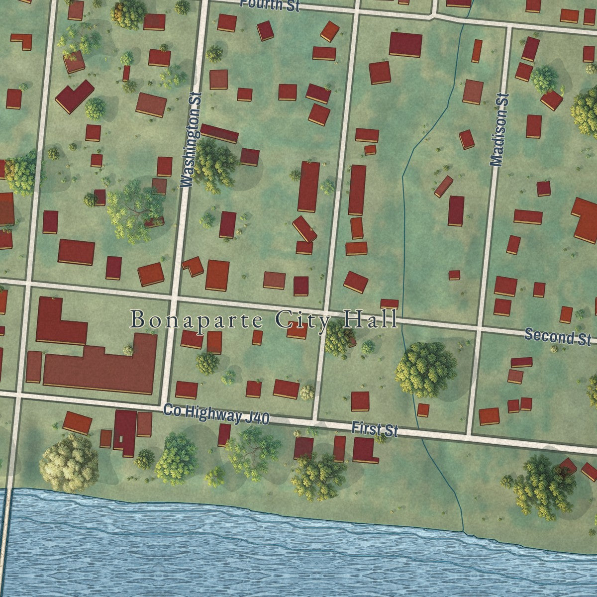 Close-up of the map of Bonaparte, Iowa print showing street and building detail