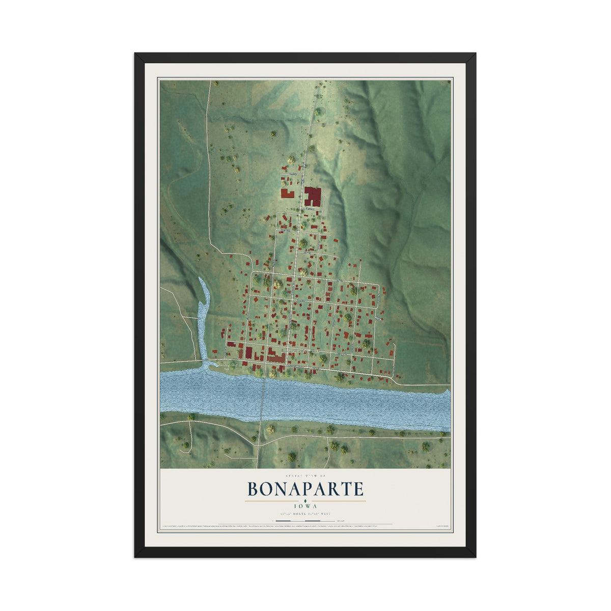 Map of Bonaparte, Iowa, 12 x 18 inch print in a black wood frame