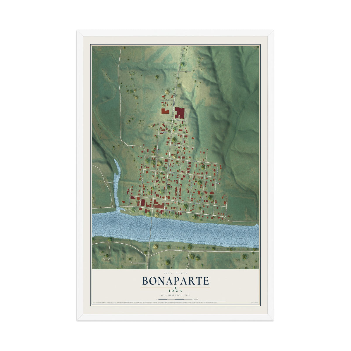 Map of Bonaparte, Iowa, 12 x 18 inch print in a white wood frame