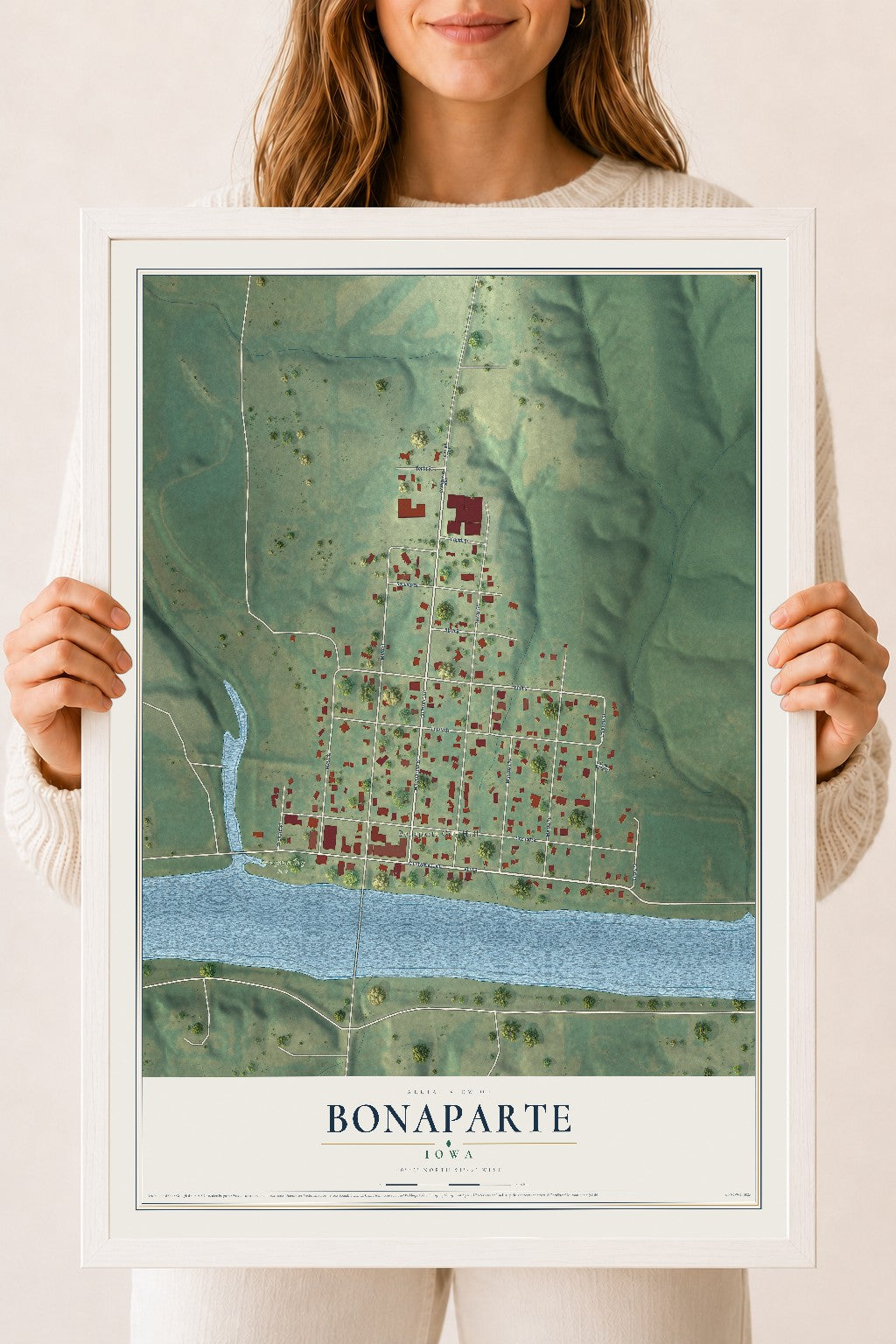 Map of Bonaparte, Iowa, 18 x 24 inch print in a white wood frame