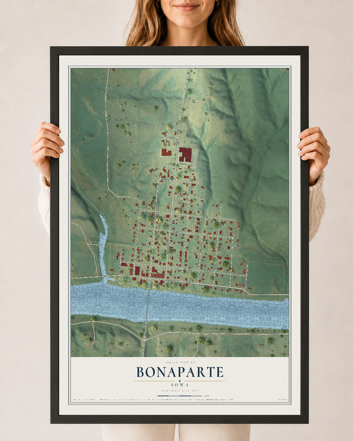 Map of Bonaparte, Iowa, 24 x 36 inch print in a black wood frame