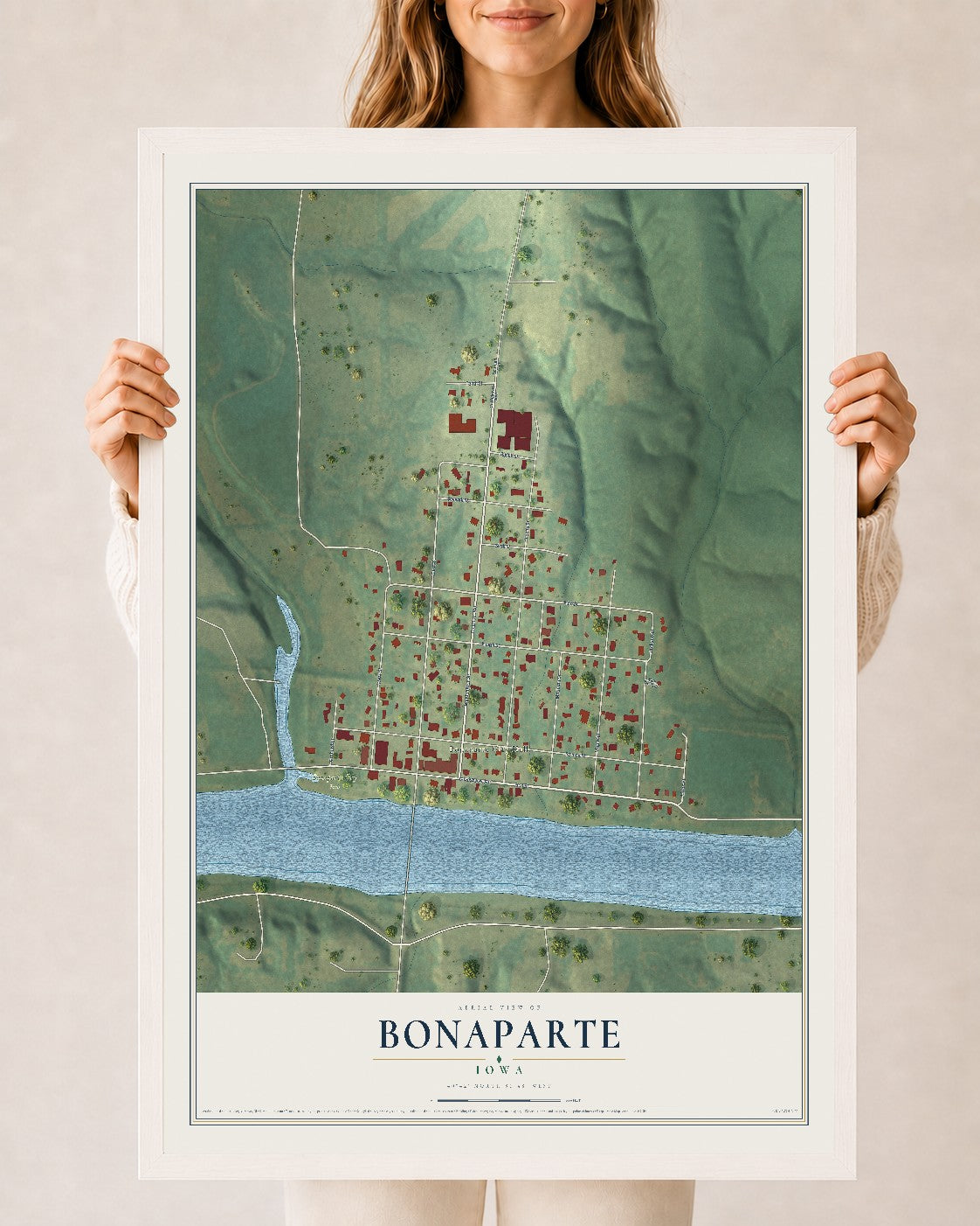 Map of Bonaparte, Iowa, 24 x 36 inch print in a white wood frame