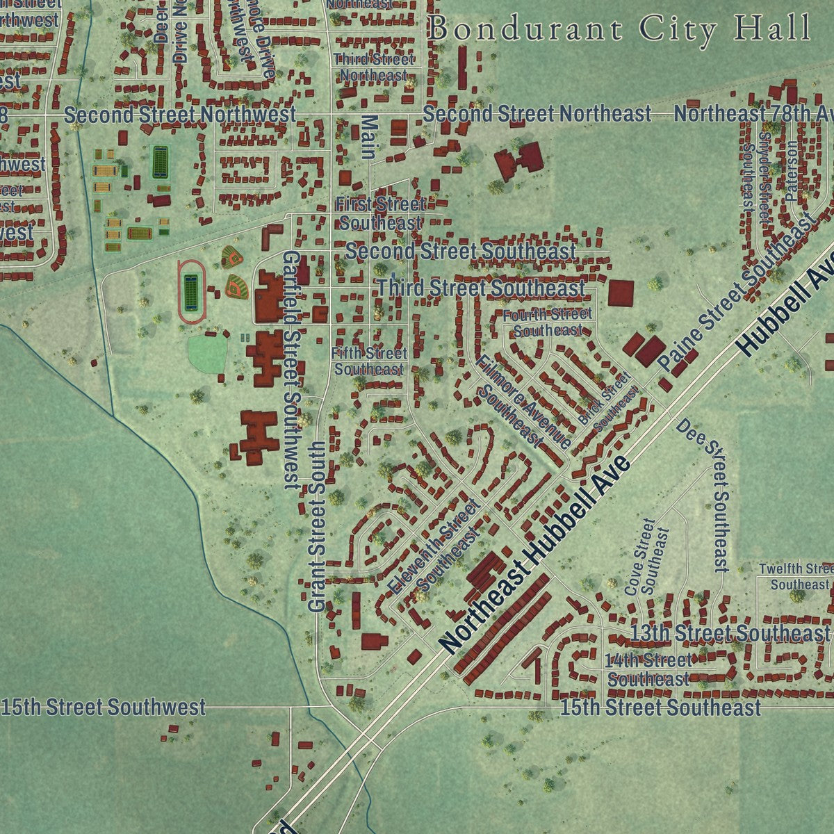Close-up of the map of Bondurant, Iowa print showing street and building detail
