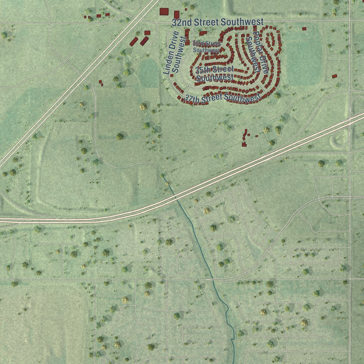 Second close-up of the map of Bondurant, Iowa print showing more streets and buildings