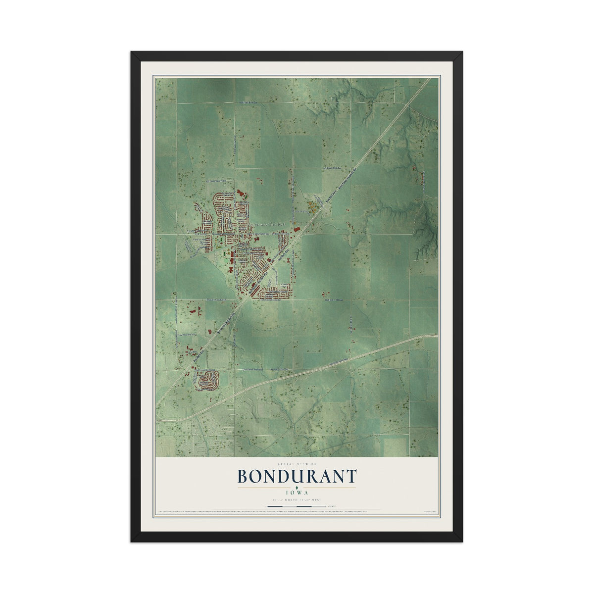 Map of Bondurant, Iowa, 12 x 18 inch print in a black wood frame