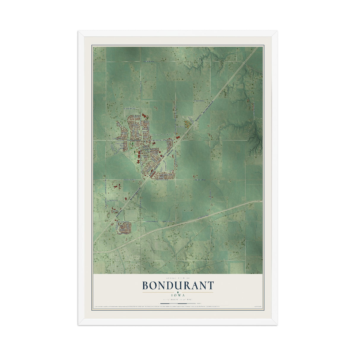 Map of Bondurant, Iowa, 12 x 18 inch print in a white wood frame