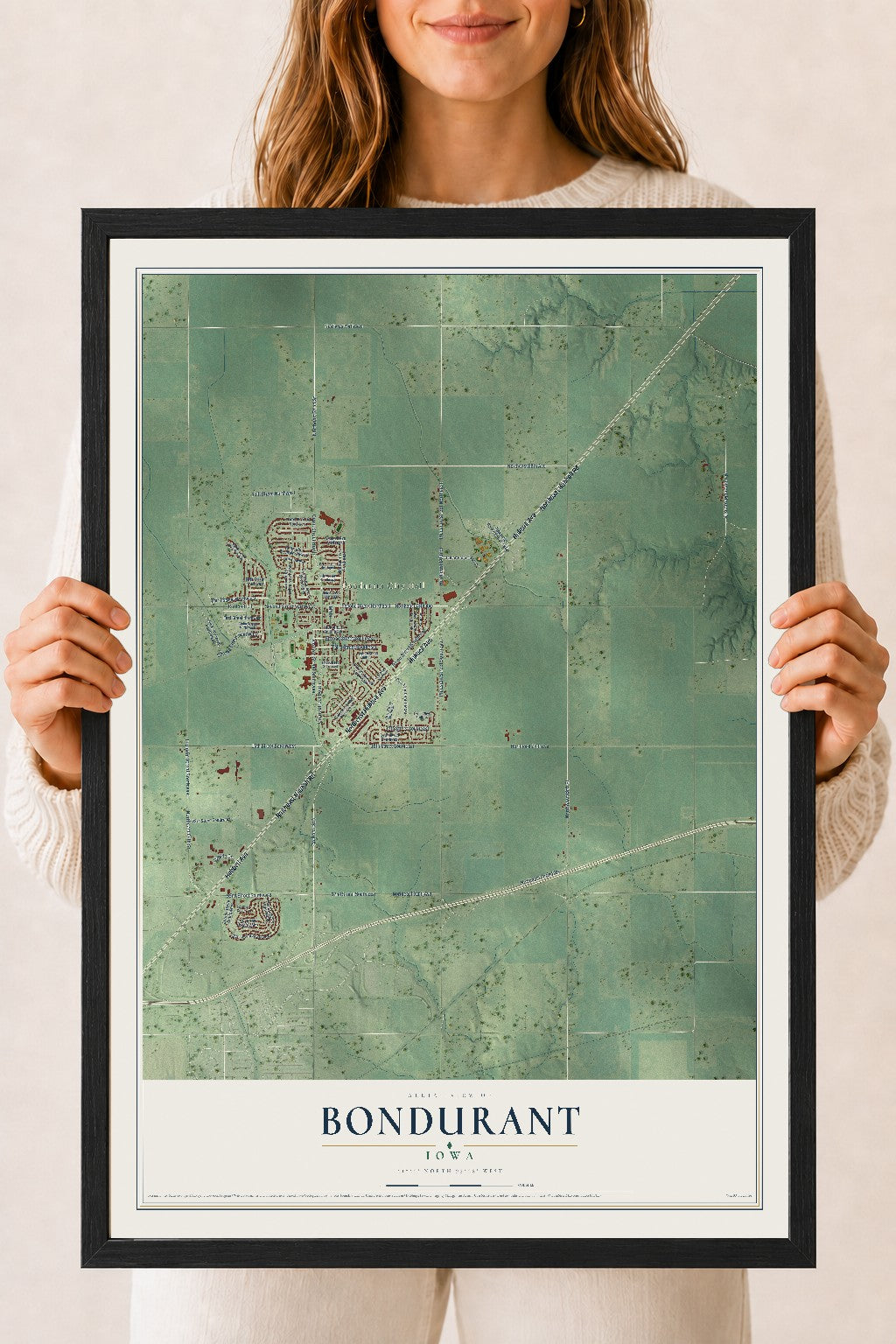 Map of Bondurant, Iowa, 18 x 24 inch print in a black wood frame