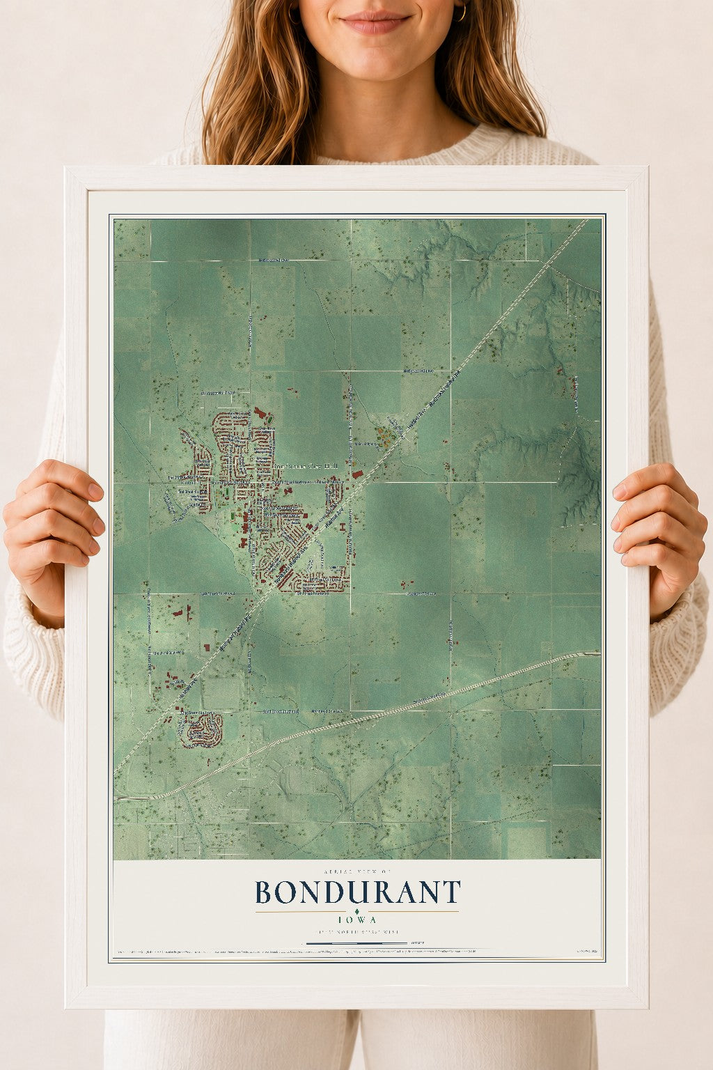 Map of Bondurant, Iowa, 18 x 24 inch print in a white wood frame