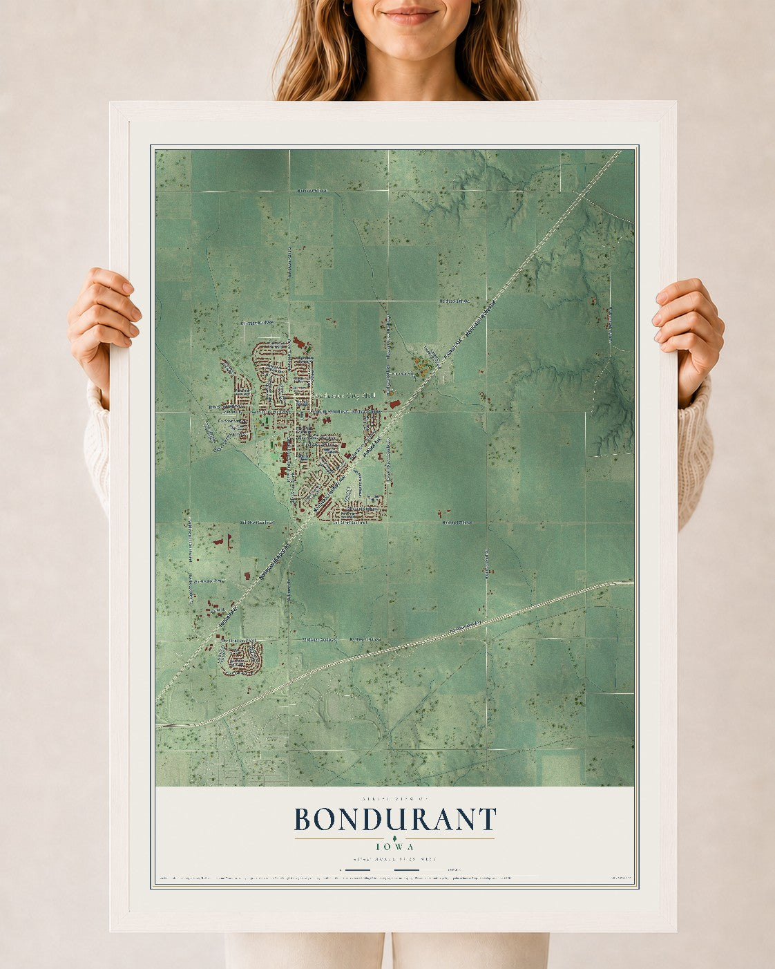 Map of Bondurant, Iowa, 24 x 36 inch print in a white wood frame