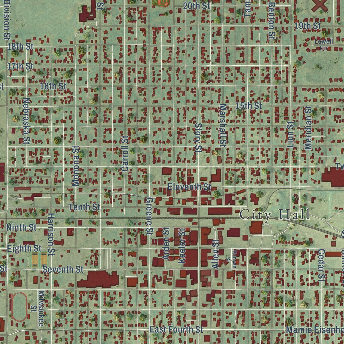 Close-up of the map of Boone, Iowa print showing street and building detail