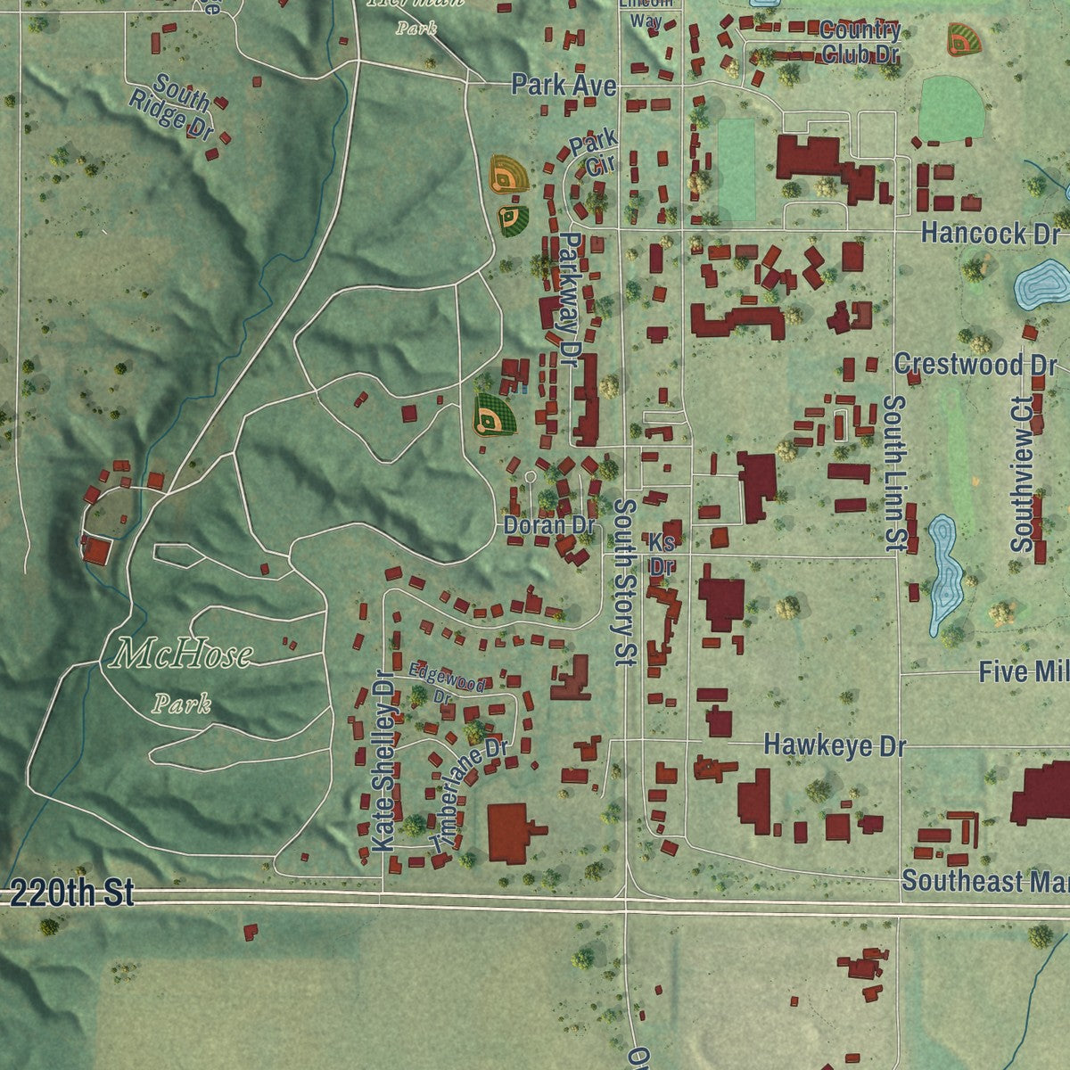 Second close-up of the map of Boone, Iowa print showing more streets and buildings