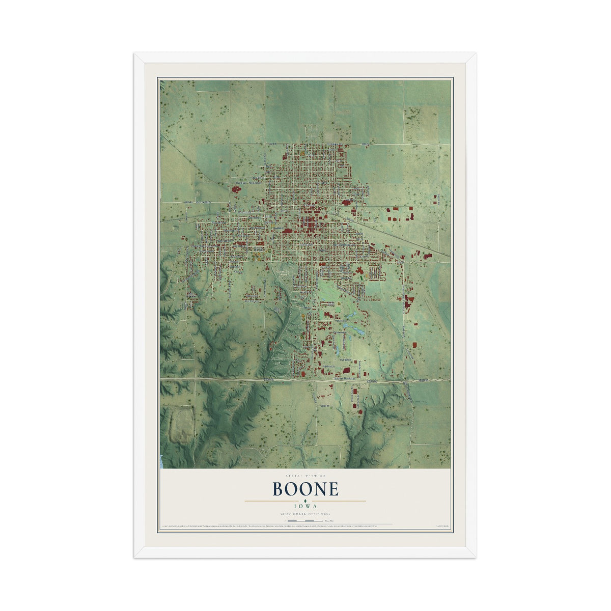 Map of Boone, Iowa, 12 x 18 inch print in a white wood frame