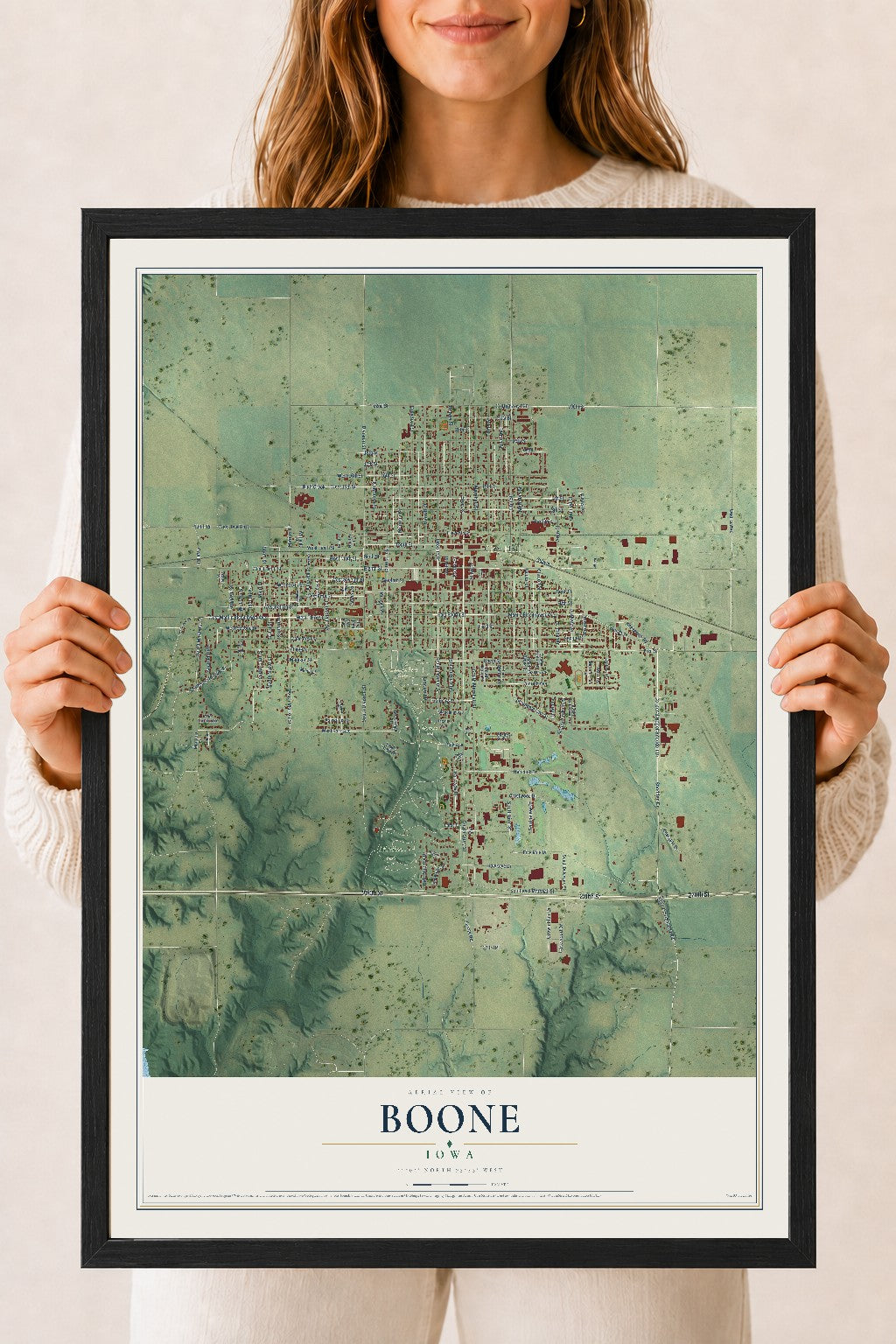 Map of Boone, Iowa, 18 x 24 inch print in a black wood frame