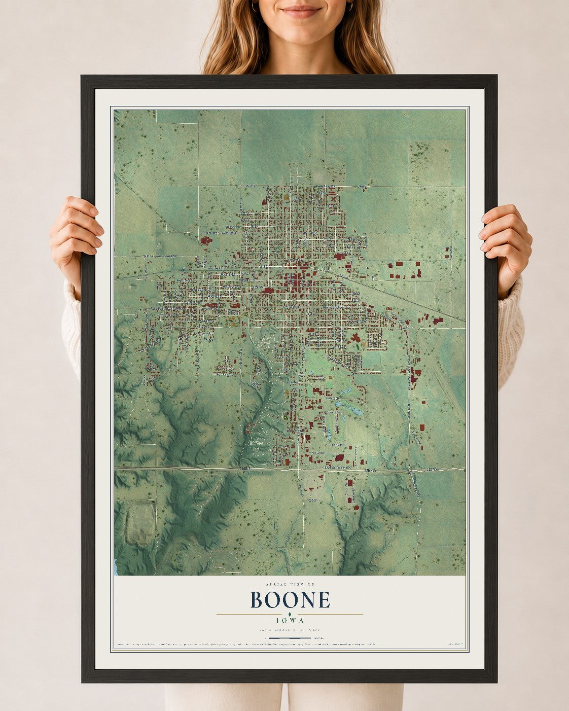 Map of Boone, Iowa, 24 x 36 inch print in a black wood frame