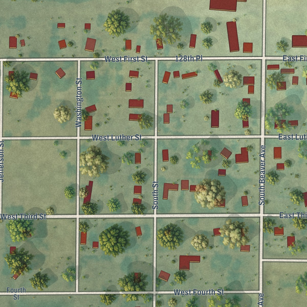 Close-up of the map of Bouton, Iowa print showing street and building detail