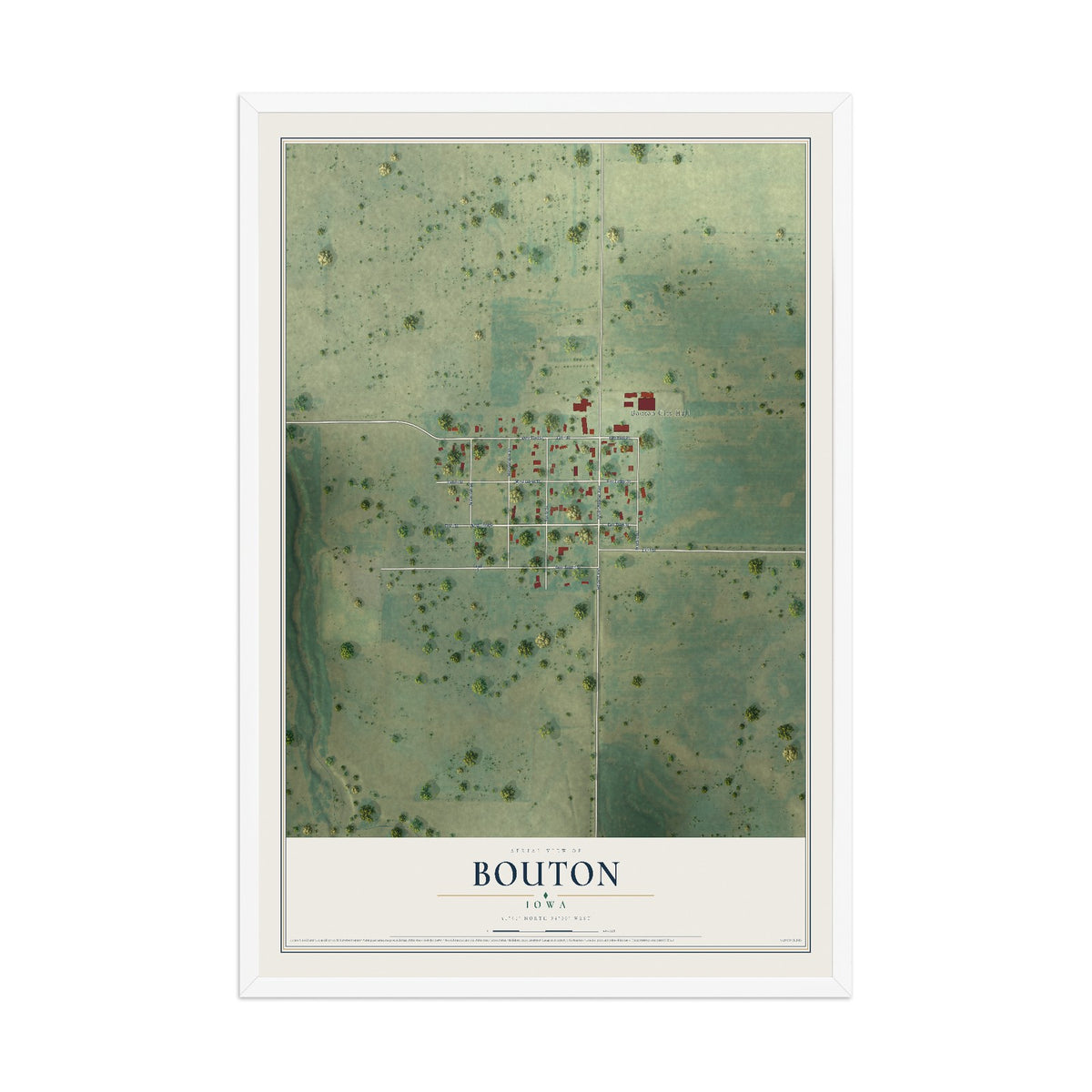 Map of Bouton, Iowa, 12 x 18 inch print in a white wood frame