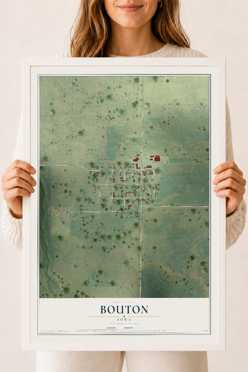 Map of Bouton, Iowa, 18 x 24 inch print in a white wood frame
