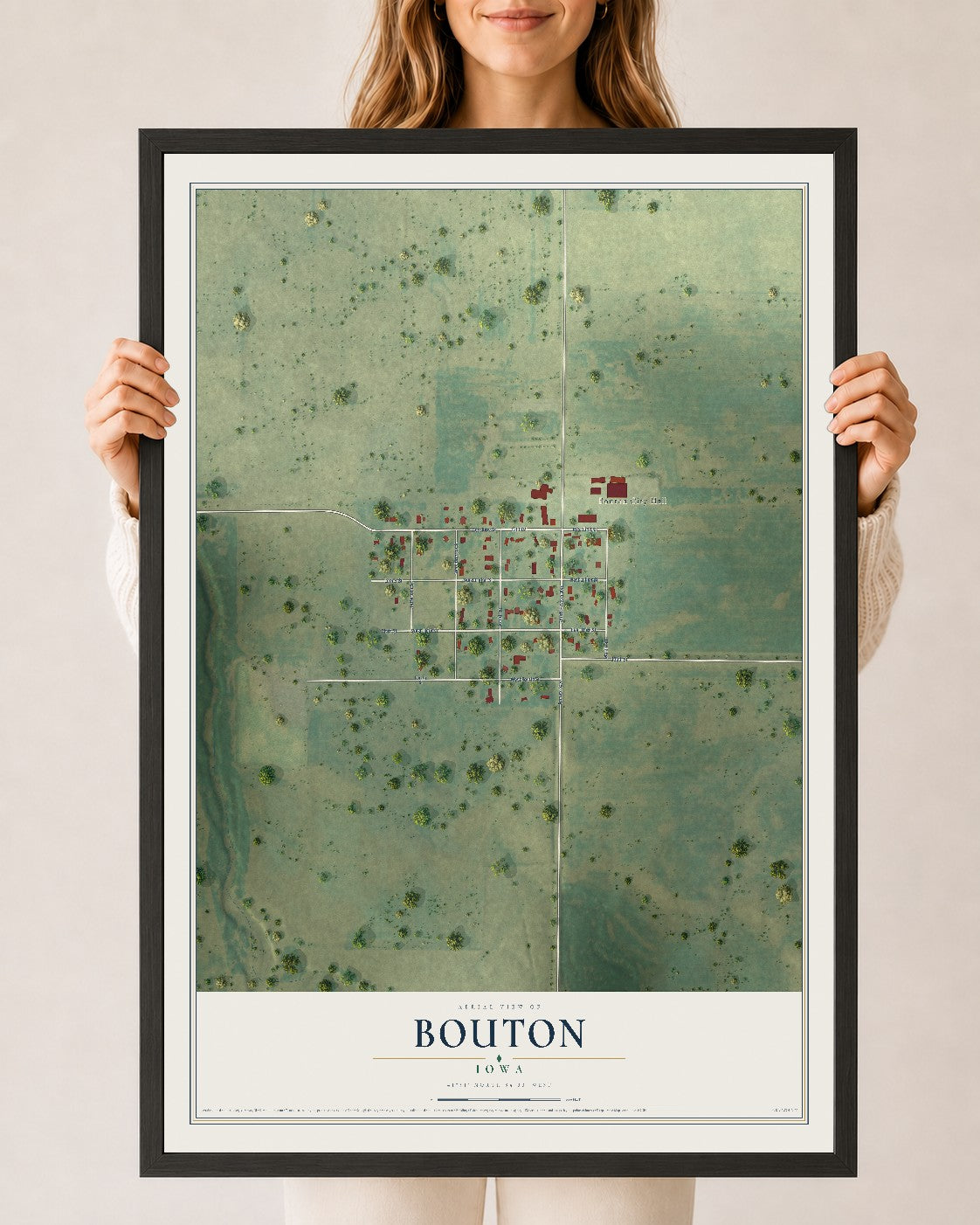 Map of Bouton, Iowa, 24 x 36 inch print in a black wood frame