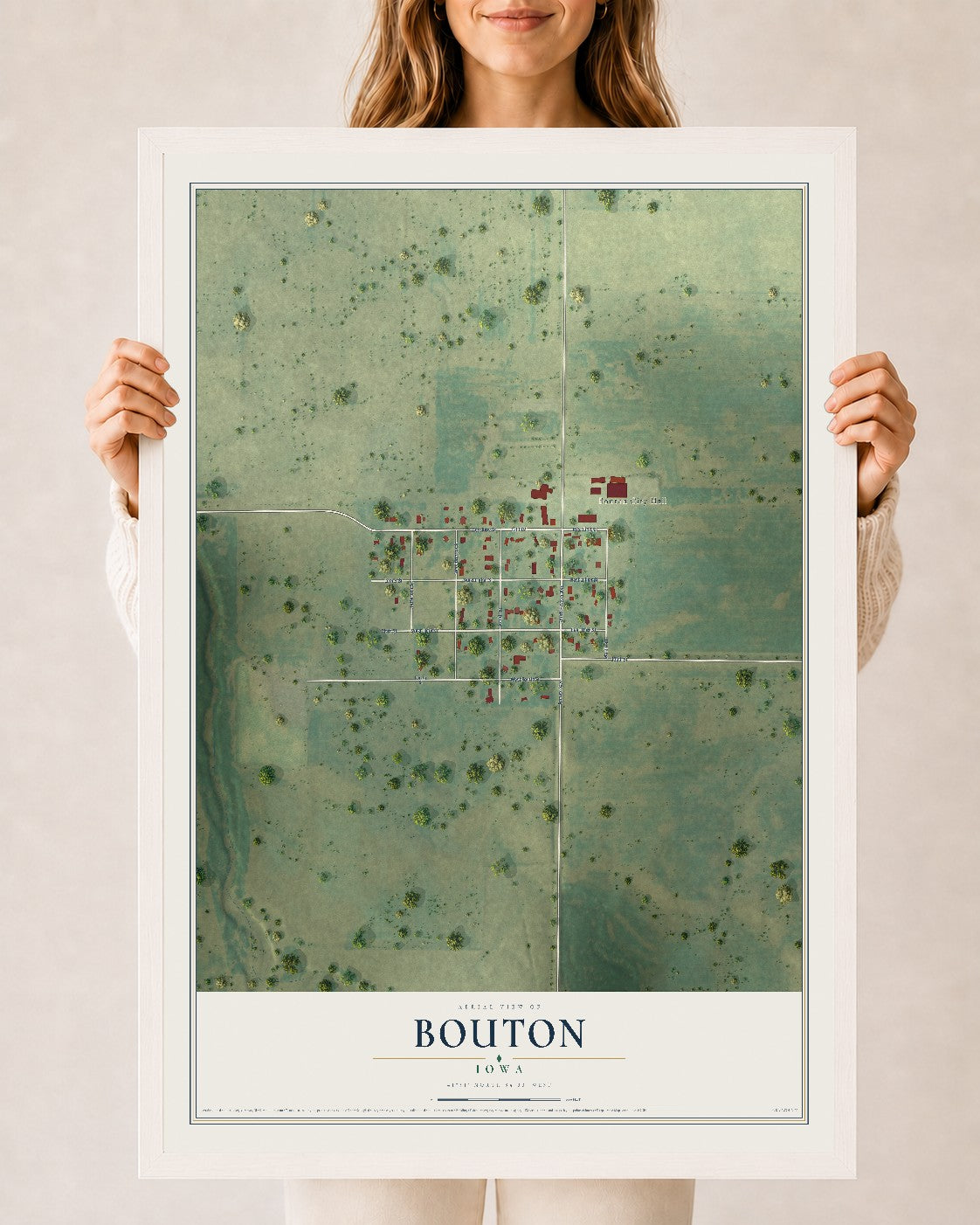 Map of Bouton, Iowa, 24 x 36 inch print in a white wood frame
