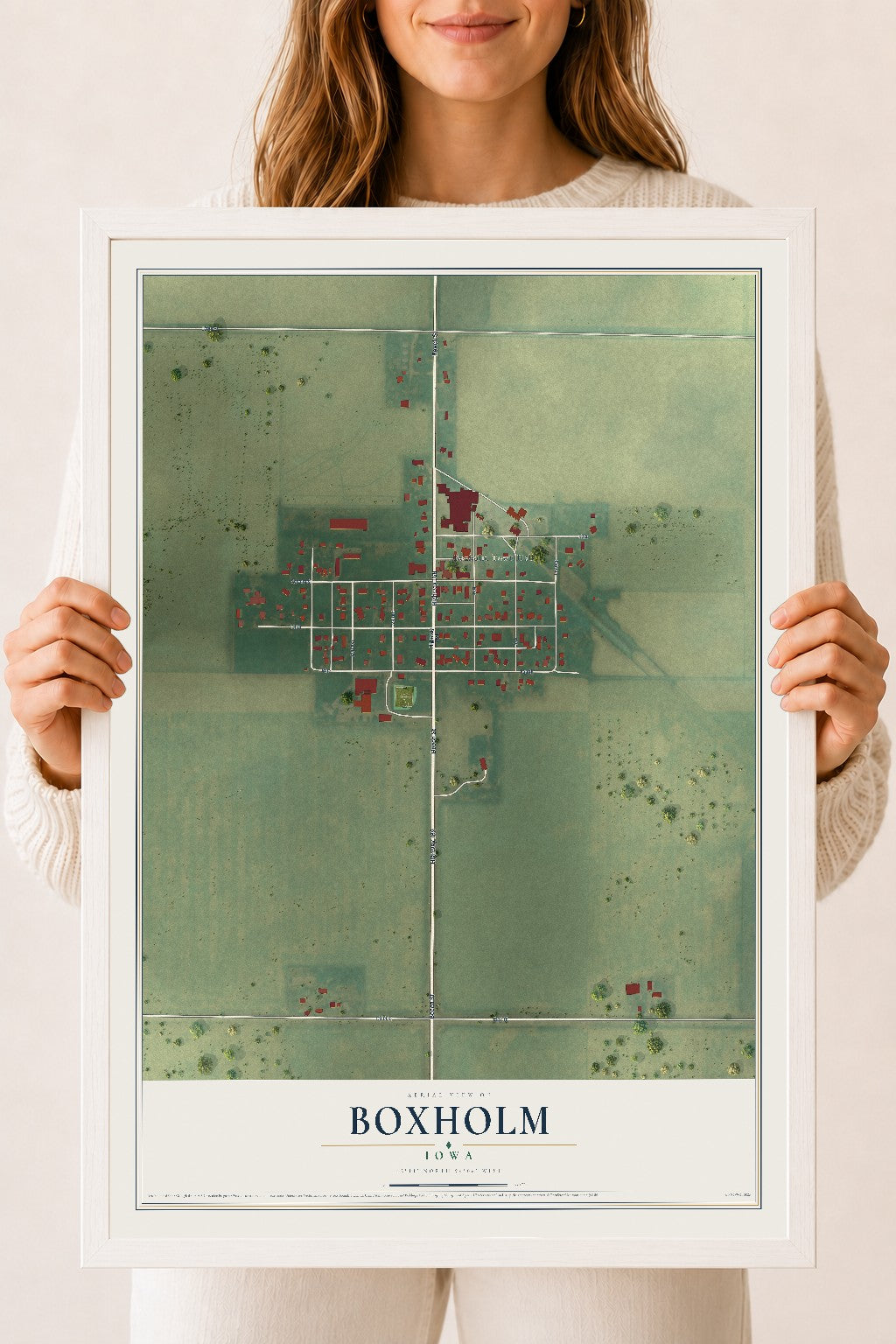 Map of Boxholm, Iowa, 18 x 24 inch print in a white wood frame