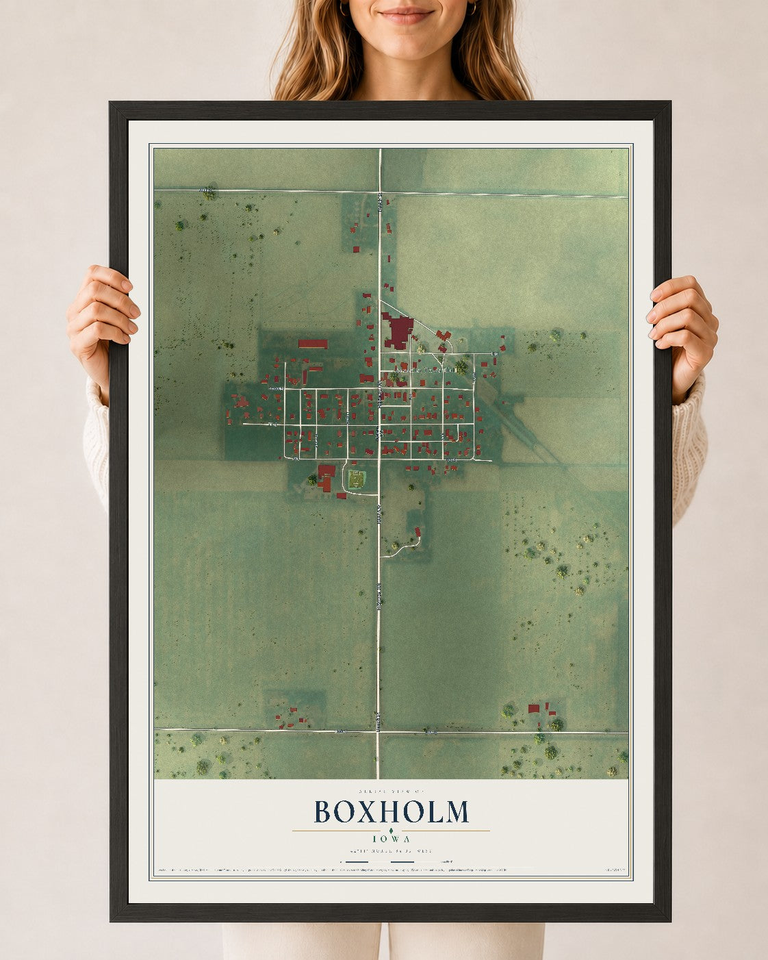 Map of Boxholm, Iowa, 24 x 36 inch print in a black wood frame