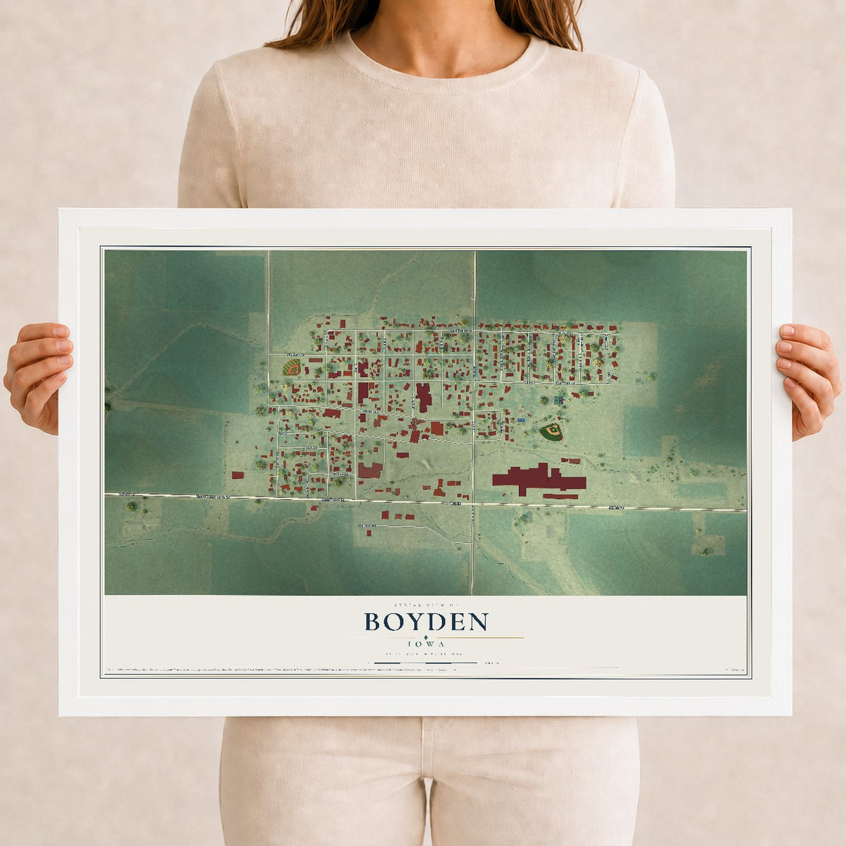 Map of Boyden, Iowa, 12 x 18 inch print in a white wood frame