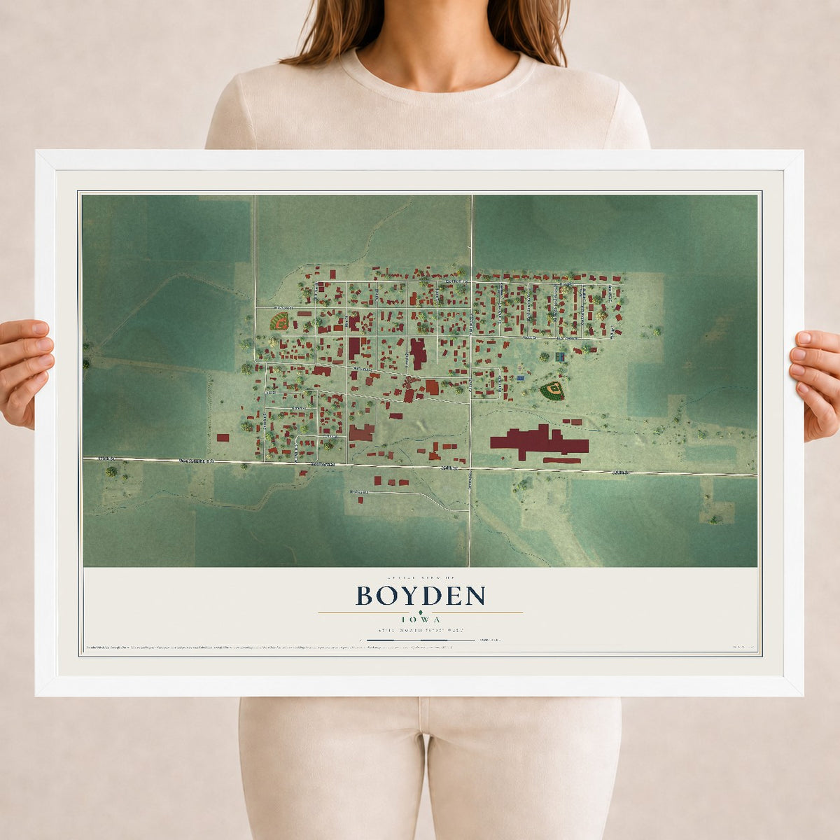 Map of Boyden, Iowa, 18 x 24 inch print in a white wood frame