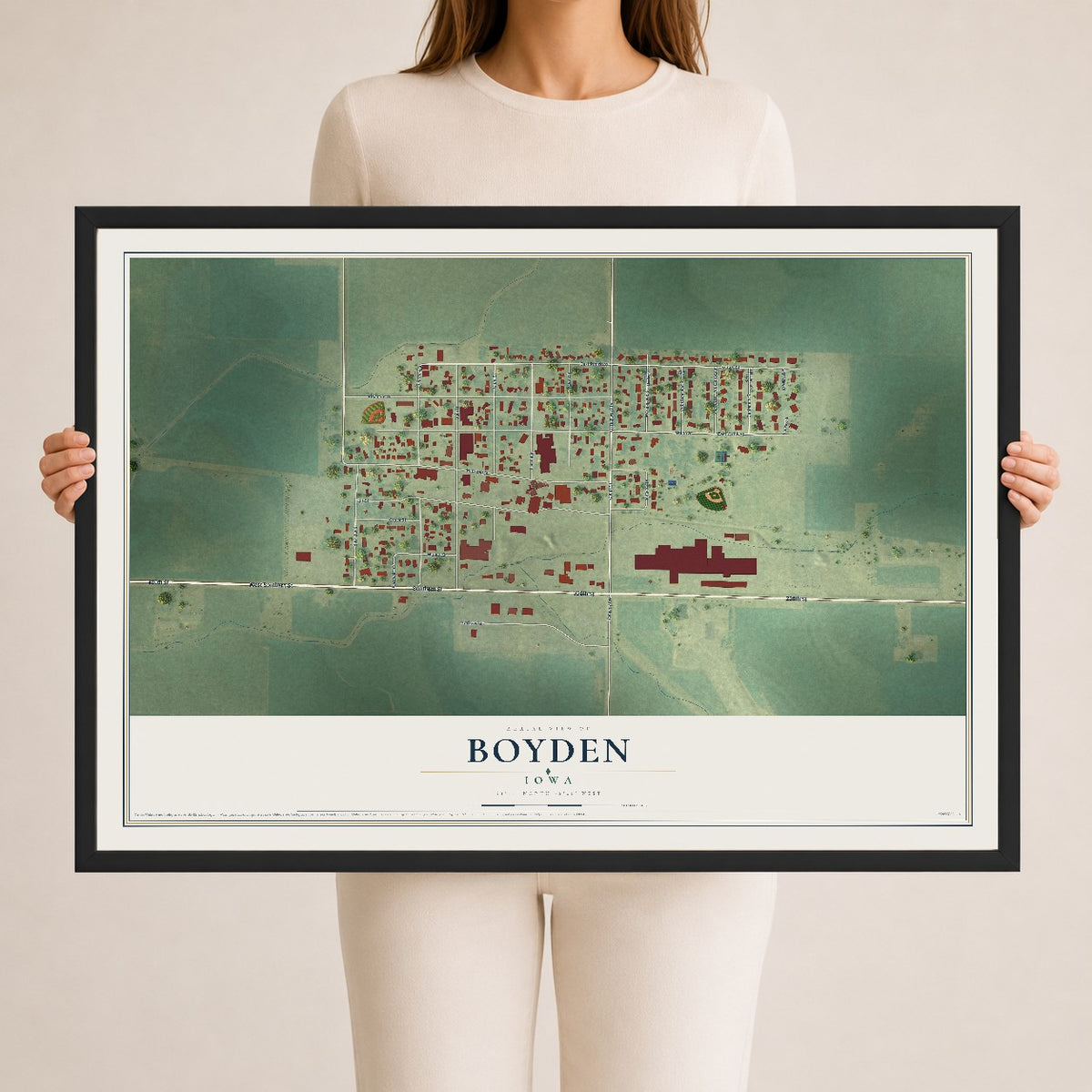 Map of Boyden, Iowa, 24 x 36 inch print in a black wood frame
