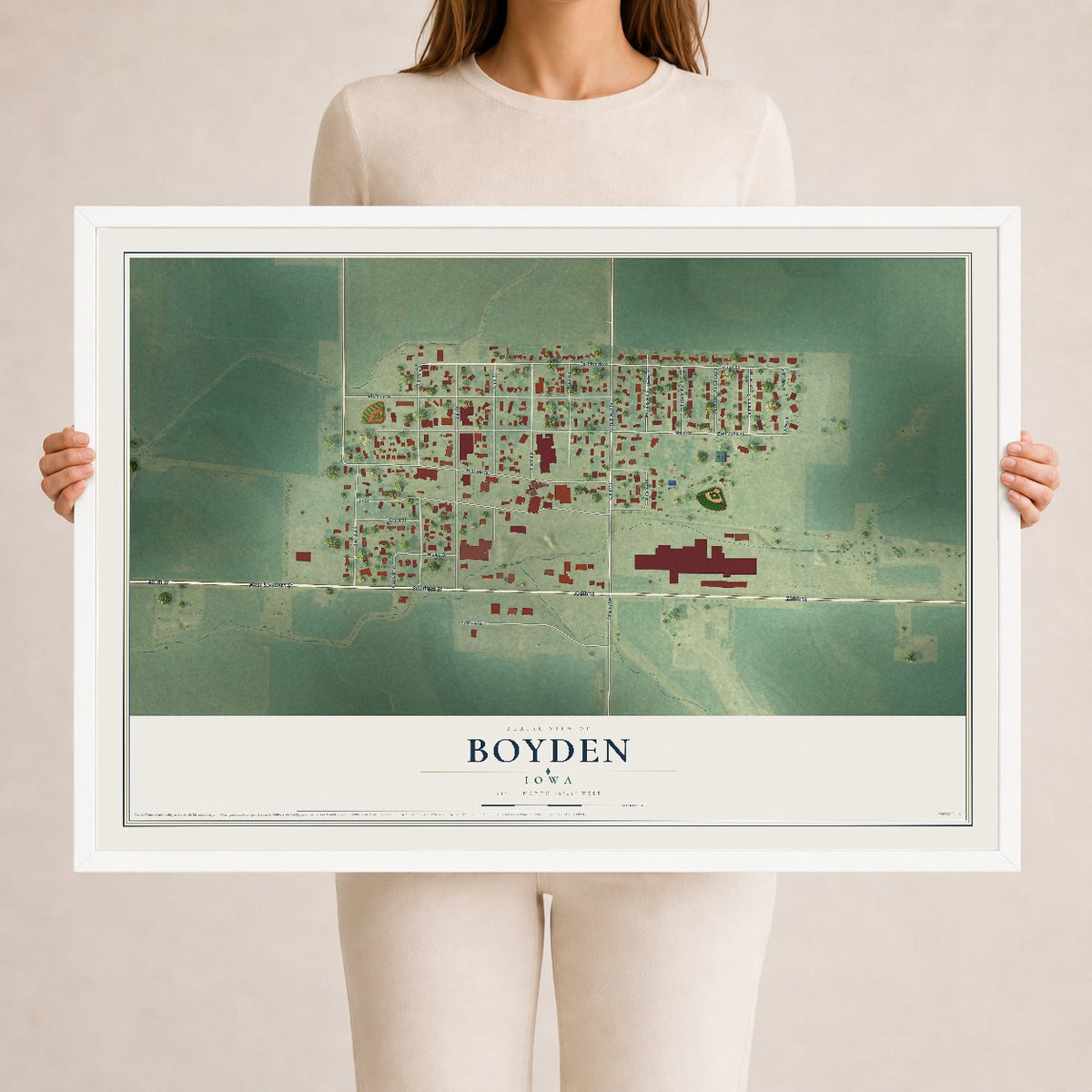 Map of Boyden, Iowa, 24 x 36 inch print in a white wood frame