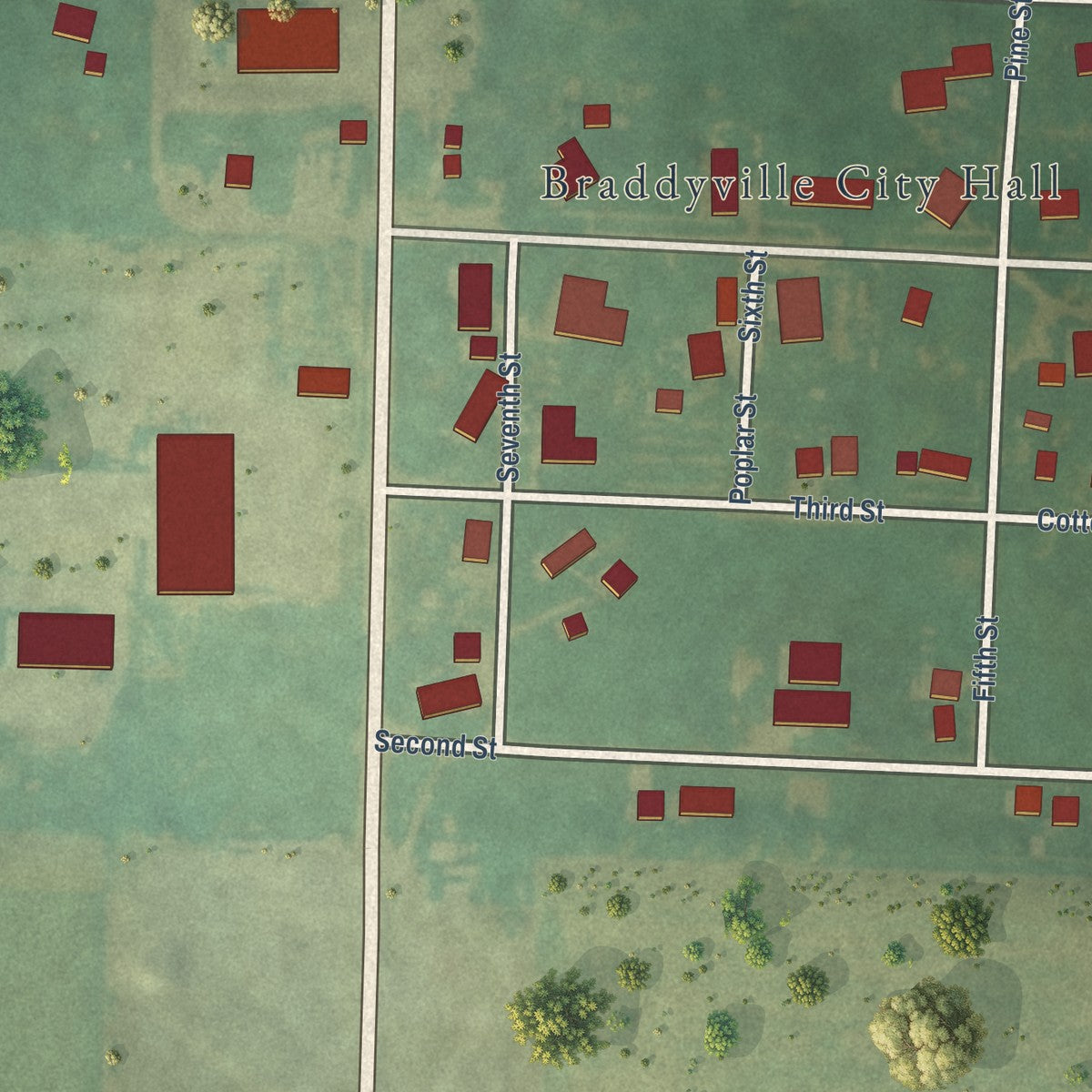 Close-up of the map of Braddyville, Iowa print showing street and building detail