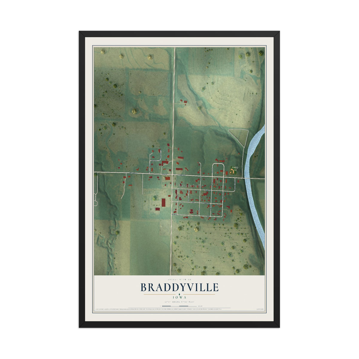 Map of Braddyville, Iowa, 12 x 18 inch print in a black wood frame