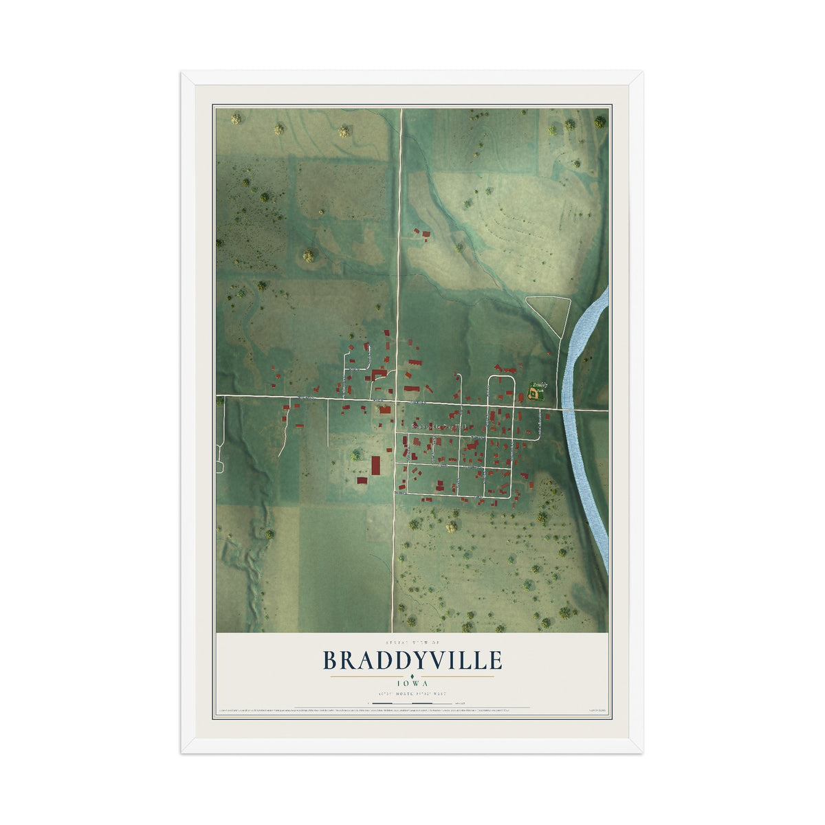 Map of Braddyville, Iowa, 12 x 18 inch print in a white wood frame