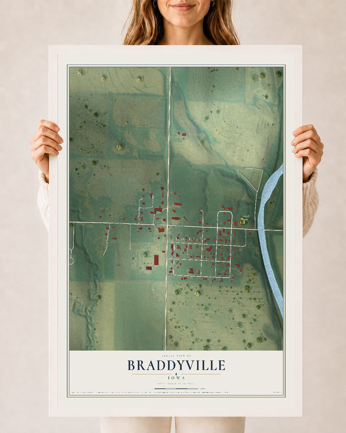 Map of Braddyville, Iowa, 24 x 36 inch print in a white wood frame