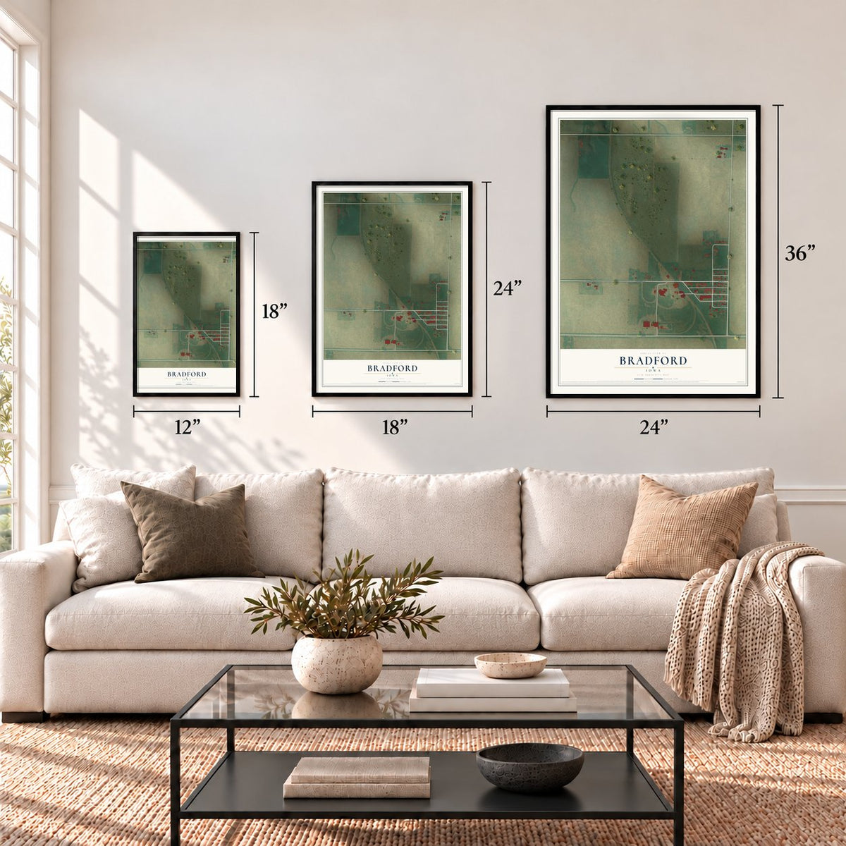 Bradford, Iowa map in 12 x 18, 18 x 24 and 24 x 36 inch sizes above a sofa