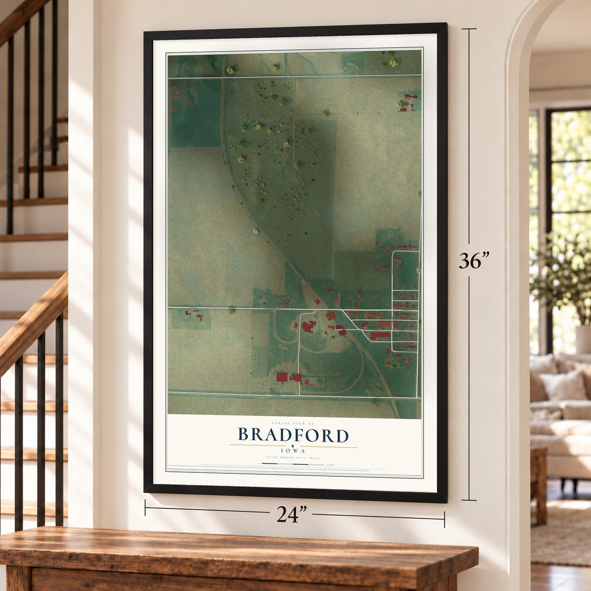 Bradford, Iowa map, 24 x 36 inch print in a black frame by a staircase
