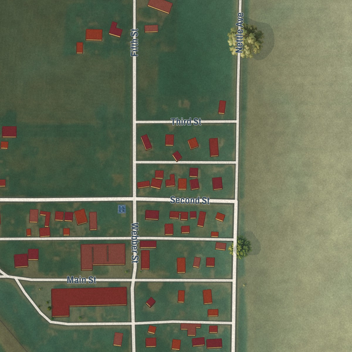 Close-up of the map of Bradford, Iowa print showing street and building detail