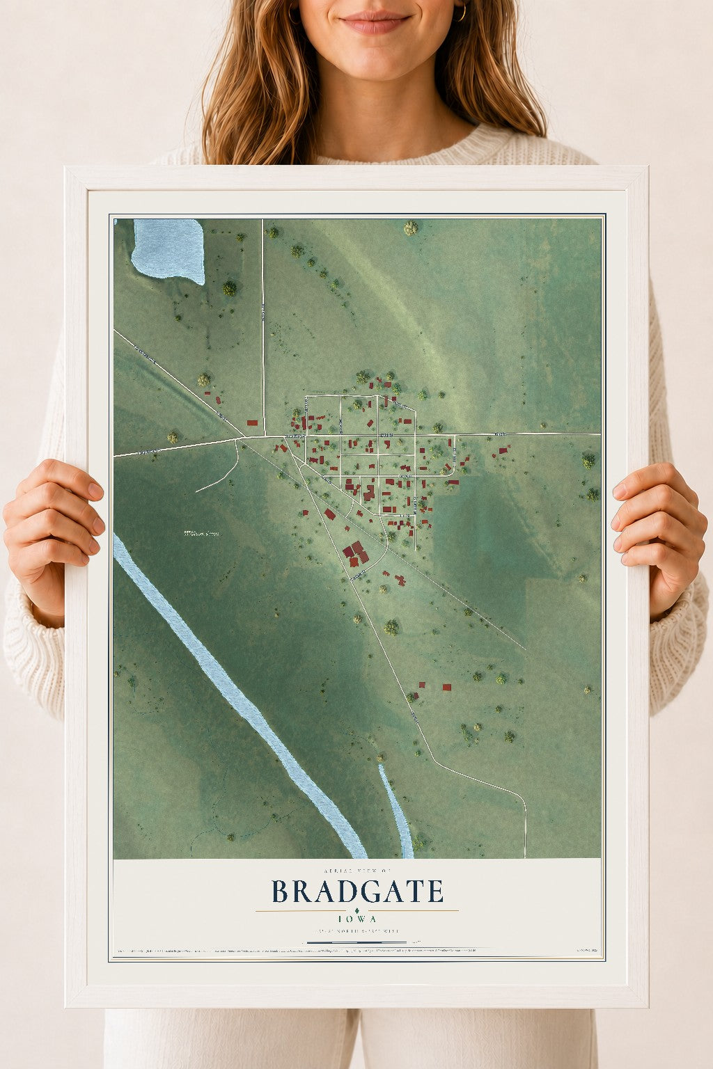 Map of Bradgate, Iowa, 18 x 24 inch print in a white wood frame